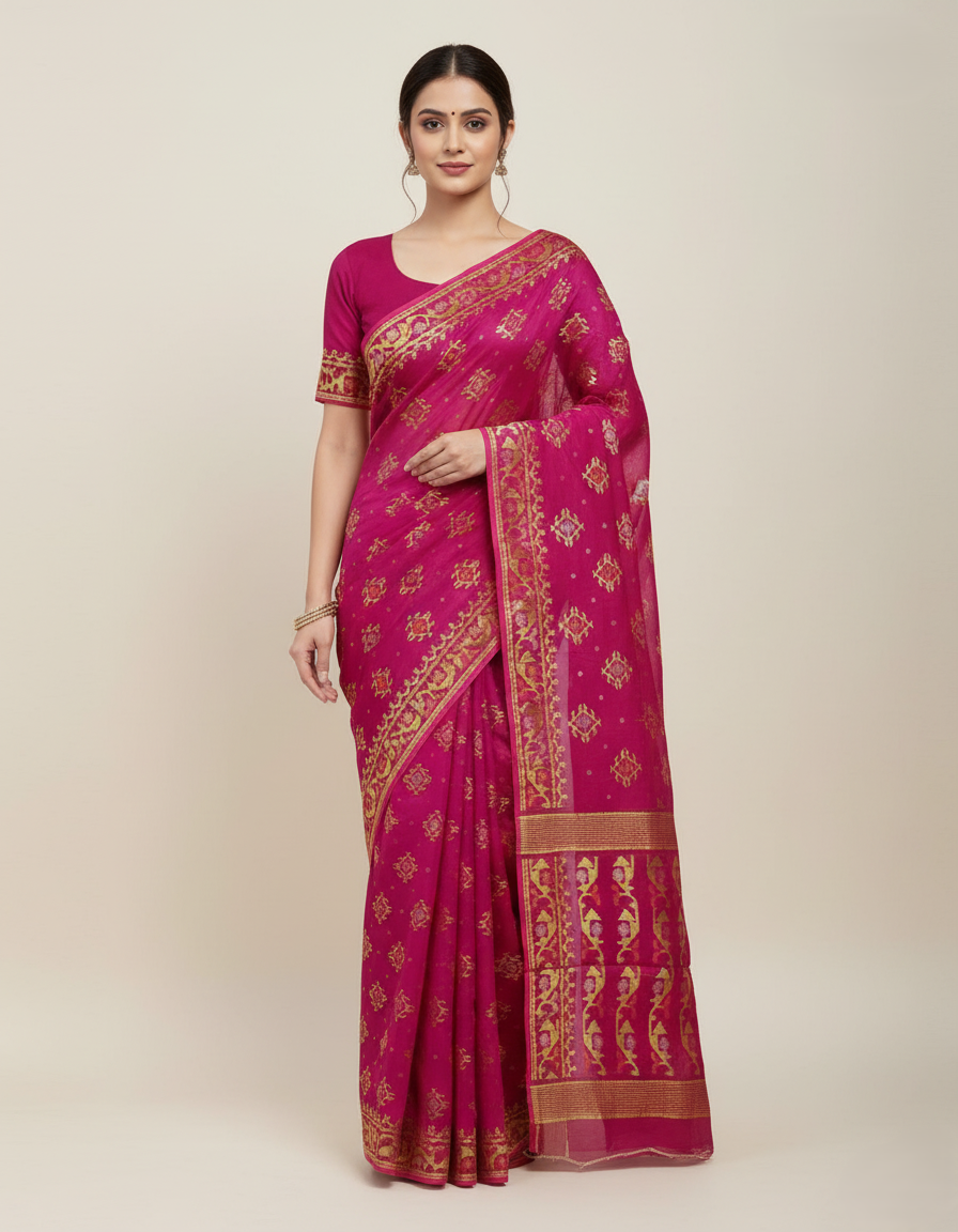 Cotton Jamdani saree with zari borders and motifs - 6.5 metres saree with blouse piece