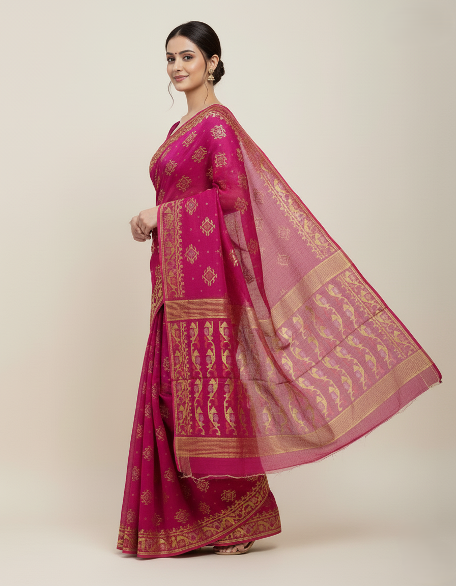 Cotton Jamdani saree with zari borders and motifs - 6.5 metres saree with blouse piece